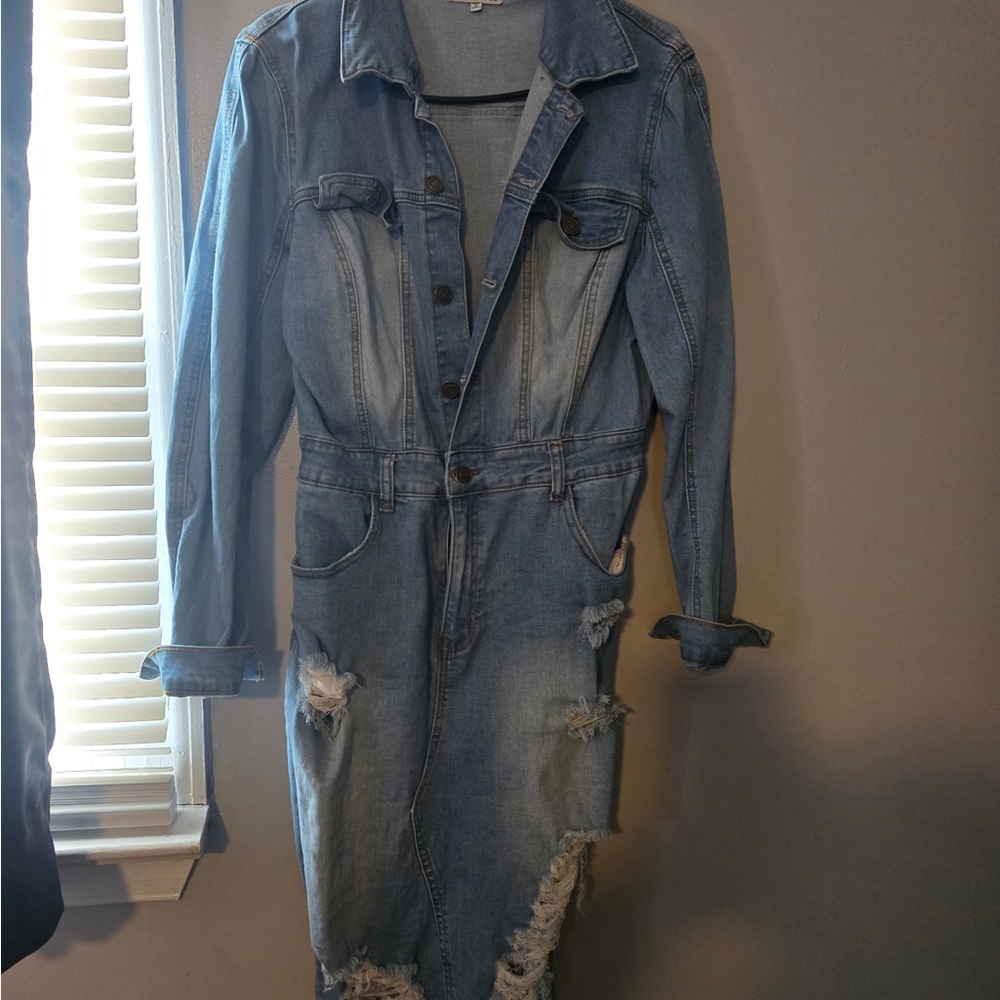 Light Blue Distressed Denim Jumpsuit